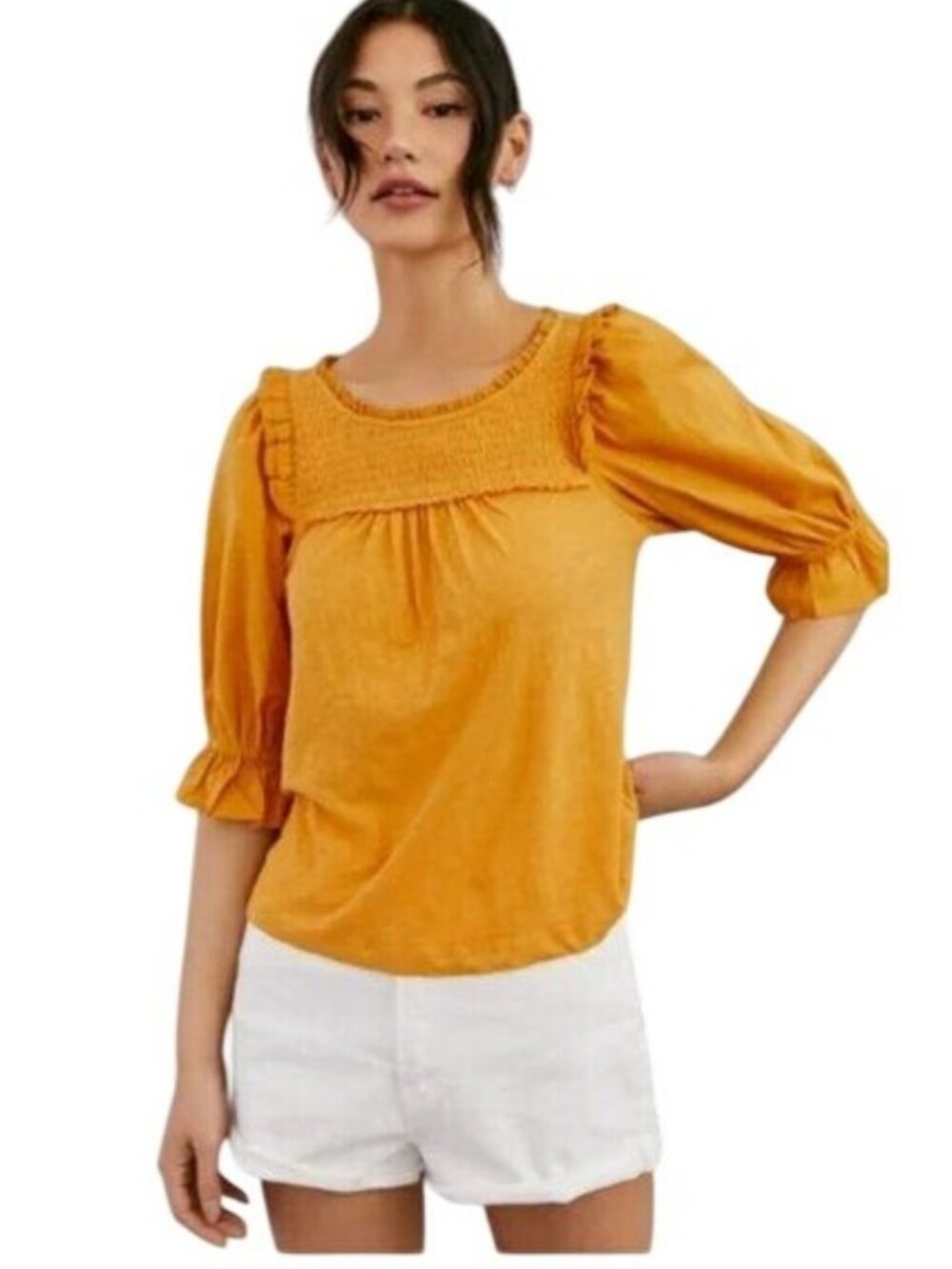 Anthropologie Ruffle Smocked Puff Sleeve Knit Top - L